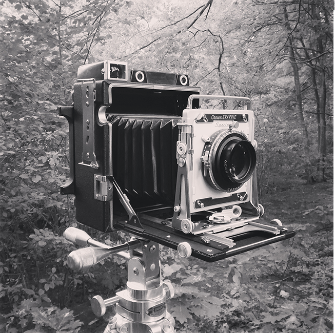The Crown Graphic and 210mm Xenar mounted on a vintage Marchioni Tiltall Tripod in the wilds of Maine!