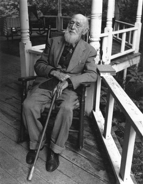 Dr. Stanwood Cobb sitting on the porch of his summer cottage on Mast Cove Road in Eliot, Maine. This photograph was taken the summer of 1981, when Stanwood was 99 years old, with a 4x5 inch Crown Graphic, 135mm Schneider Xenar lens, on Tri-X Pan. Copyright ©1981 Glenn Scott Egli. All rights reserved.