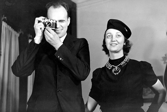 Willard (with a Leica rangefinder camera) and Barbara Morgan at a Life Magazine Party