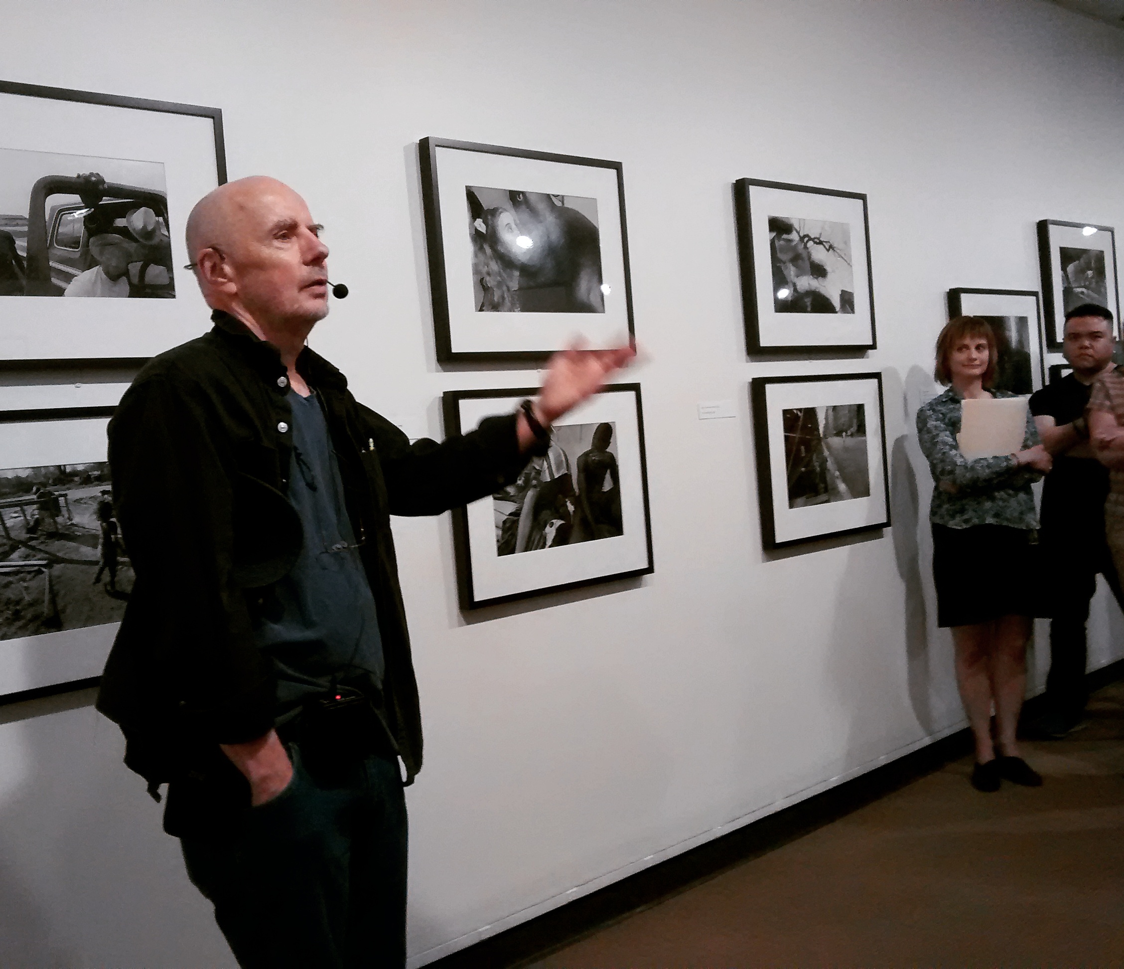 Photographer Eugene Richards and curators and coauthors Lisa Hostetler (George Eastman Museum) and April Watson (Nelson-Atkins Museum of Art) guide visitors on a tour of the exhibition “The Run-On of Time” at the George Eastman Museum.