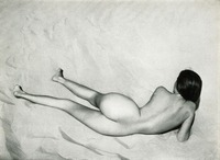 Nude on Sand, Oceano, Edward Weston, 1936 - Weston was a prime advocate of equating the female body with natural forms... The series he made of his future wife, Charis Wilson, rolling naked down the great sand dunes at Oceano, is one of his best, and demonstrates the paradoxes in both his work and that of most male photographers of the female nude. Wilson herself has chosen to stress the joy of the occasion... 'As soon as the sun warmed things up, I took my clothes off and went diving down a steep slope... I was reminded of the childhood game of statues as I kept returning to the top of the bank to relaunch myself, and each slide down ended in a more abandoned position... The tendency to abstract, to depersonalise and objectify, was abandoned in favour of individual women. All the dune nudes were whole figures... The nudes to come would follow this lead—no more bits and pieces, only whole people in real places.' http://www.gerrybadger.com/edward-weston/ Edward Weston, April 24, 1930 Nude on Sand, Oceano, Edward Weston, 1936