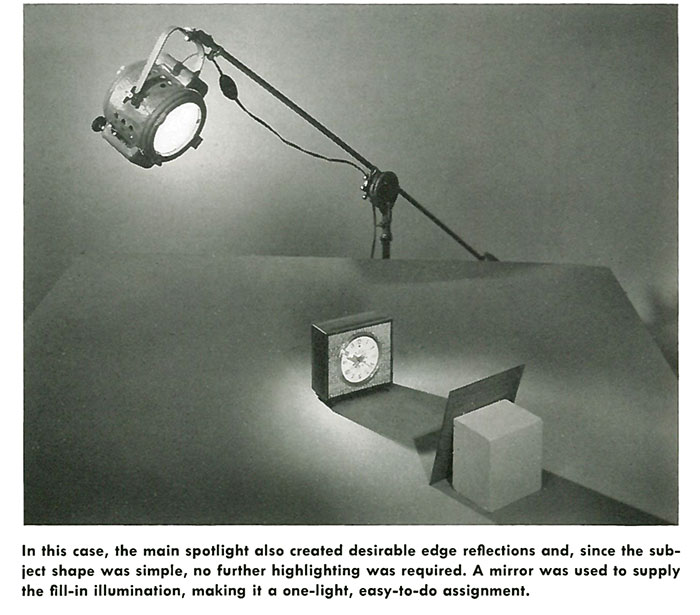 In this case, the main spotlight also created desirable edge reflections and, since the subject shape was simple, no further highlighting was required. A mirror was used to supply the fill-in illumination, making it a one-light, easy-to-do assignment.