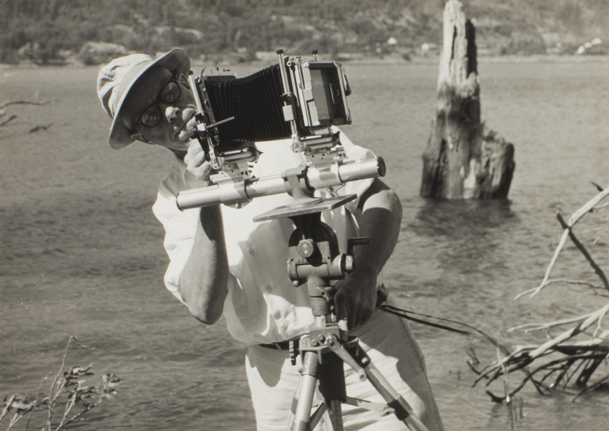 Photographer Minor White adjusting his Sinar Norma camera at a photography workshop