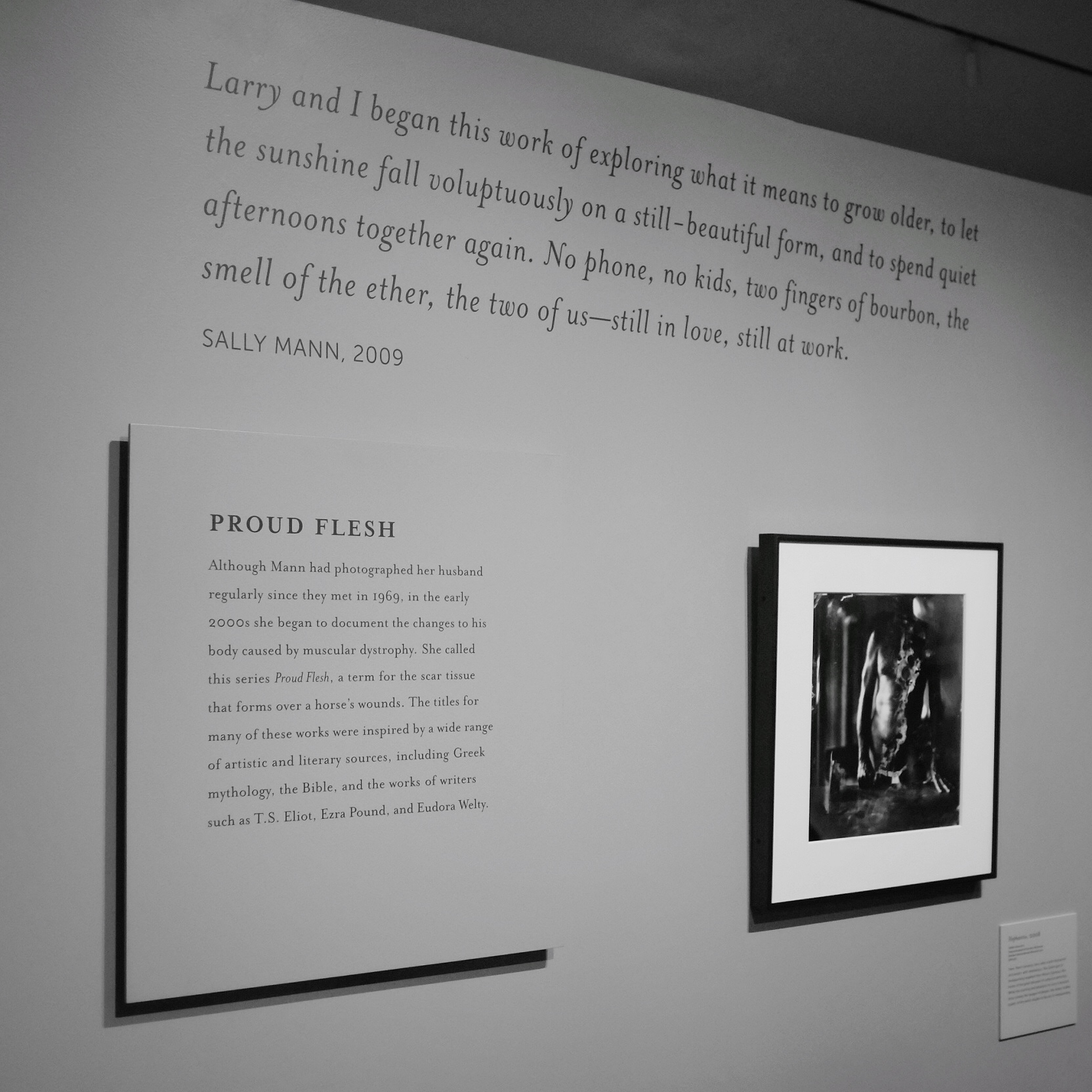 Proud Flesh: Larry and I began this work of exploring what it means to grow older, to let the sunshine fall voluptuously on a still-beautiful form, and to spend quiet afternoons together again. No phone, no kids, two fingers of bourbon, the smell of the ether, the two of us—still in love, still at work — Sally Mann, 2009