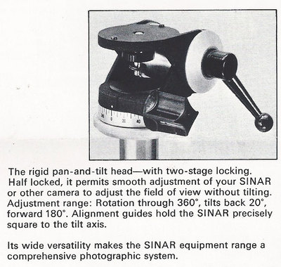 The rigid pan-and-tilt head—with two-stage locking. Half locked, it permits smooth adjustment of your SINAR or other camera to adjust the field of view without tilting. Adjustment range: Rotation through 360°, tilts back 20°, forward 180°. Alignment guides hold the SINAR precisely square to the tilt axis. Its wide versatility makes the SINAR equipment range a comprehensive photographic system.